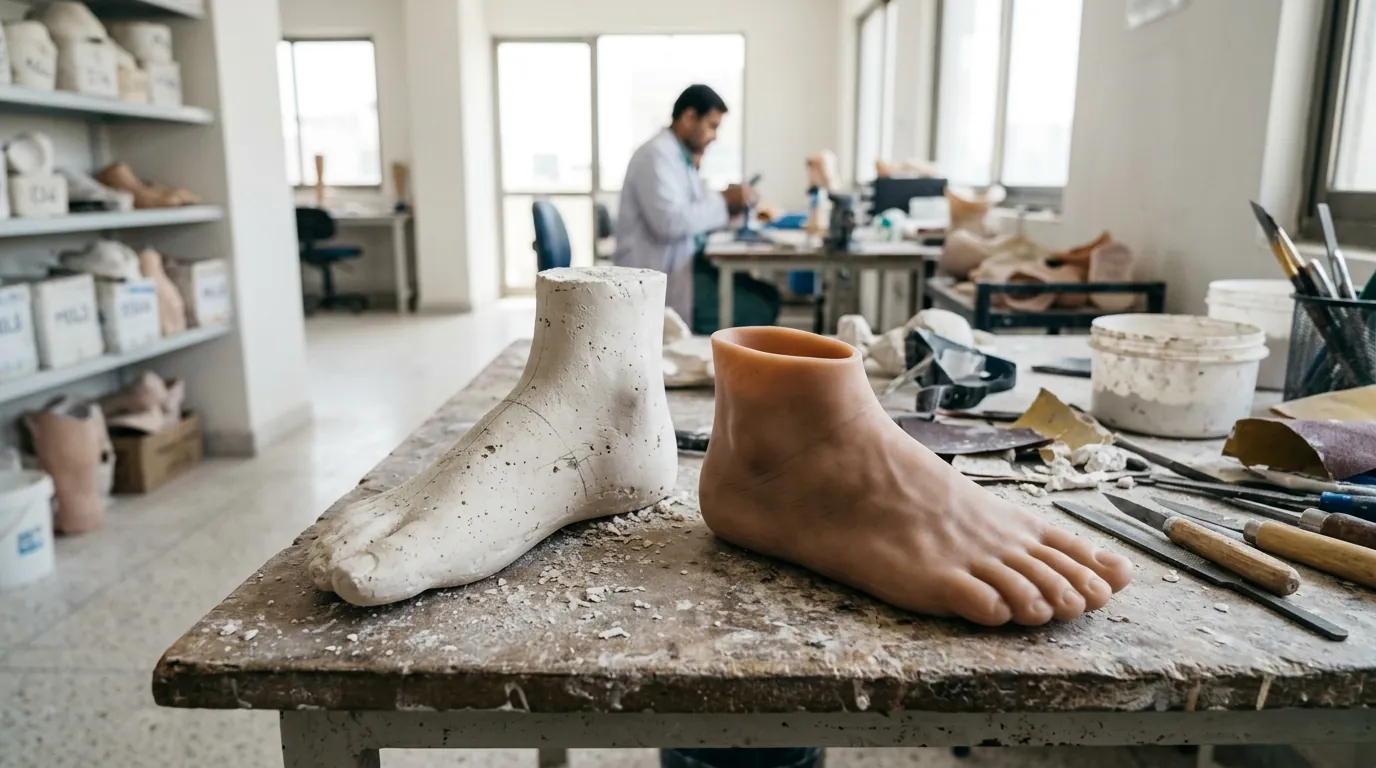 A plaster cast of a partial foot beside a silicone shell