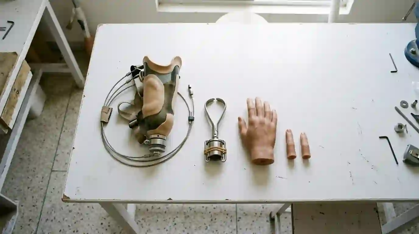 A body-powered arm with a hook, a silicone hand and silicone fingers on a table