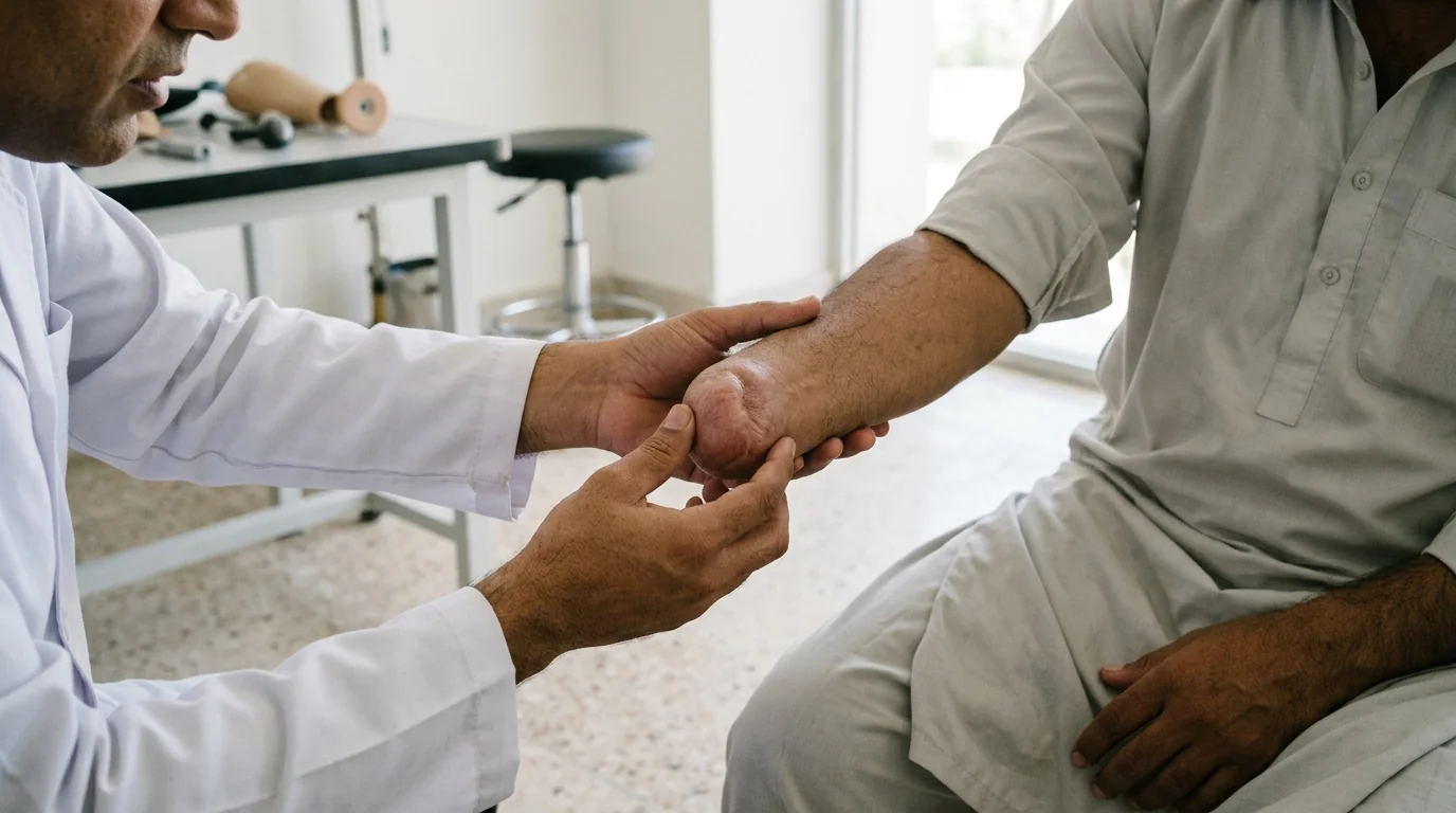 A doctor examining a healed forearm stump