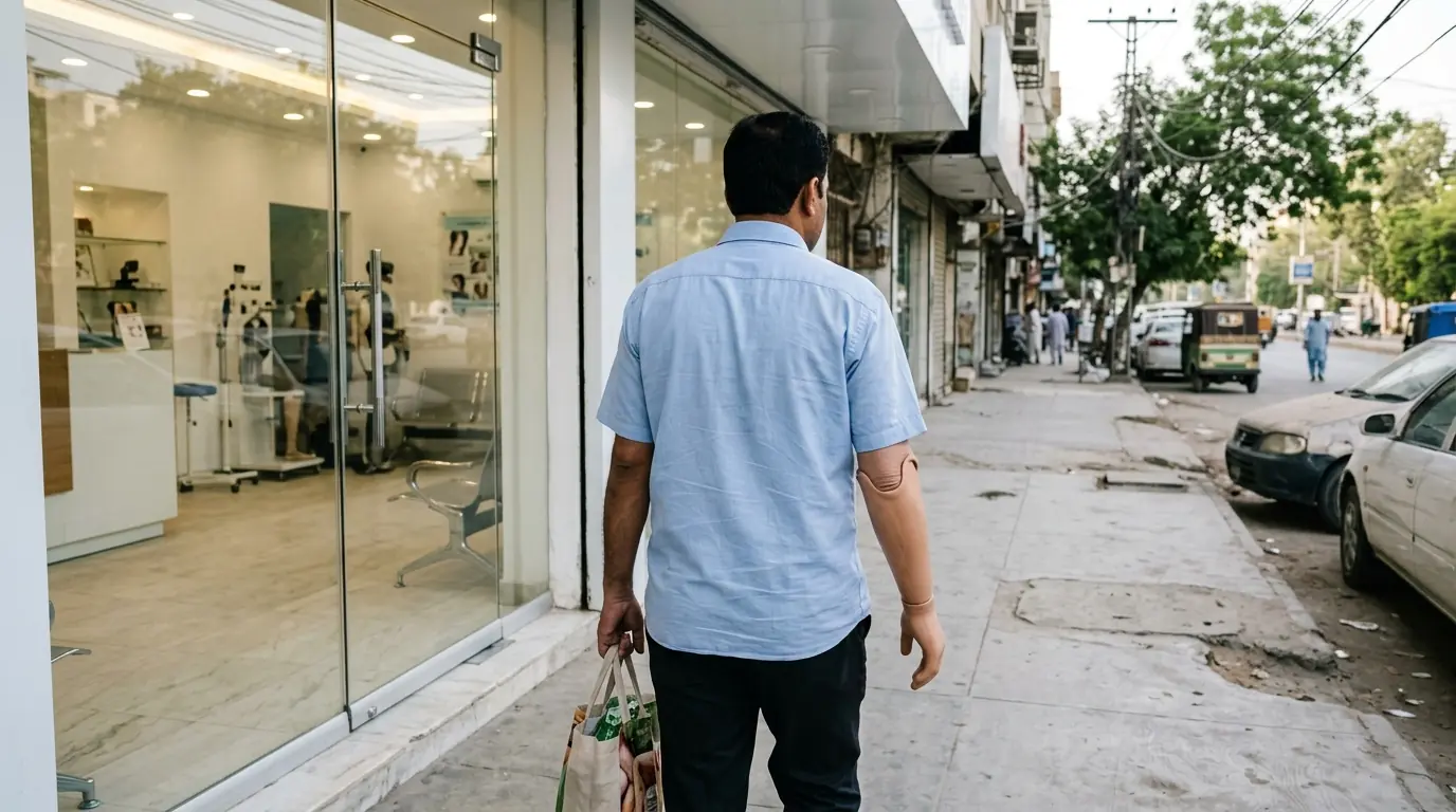Carrying a bag with a cosmetic arm, seen from behind