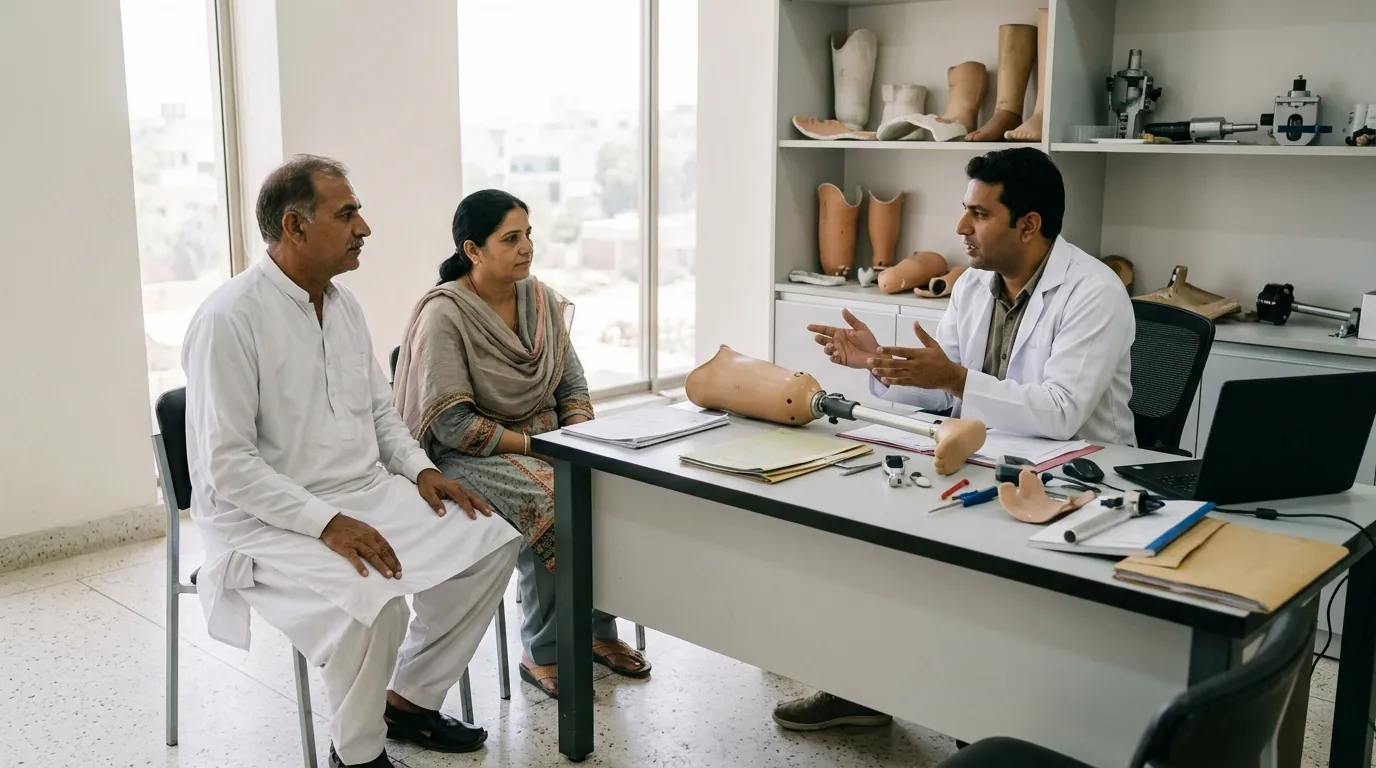 A couple talking with a prosthetist across a desk, seen from behind