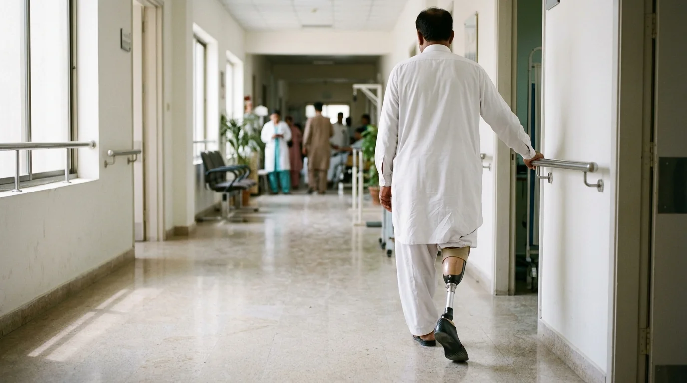 A man walking on a new below knee leg, seen from behind
