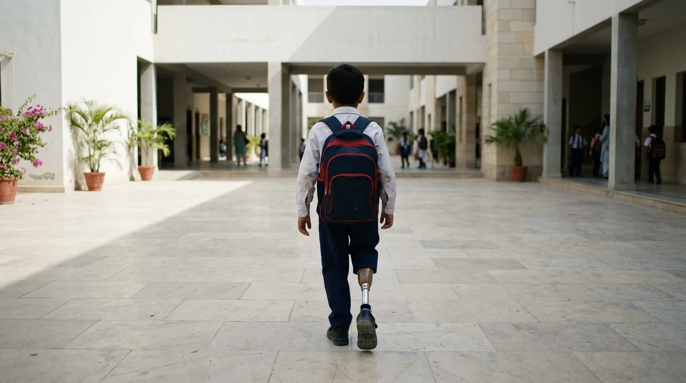 A schoolboy walking with a below knee leg, seen from behind