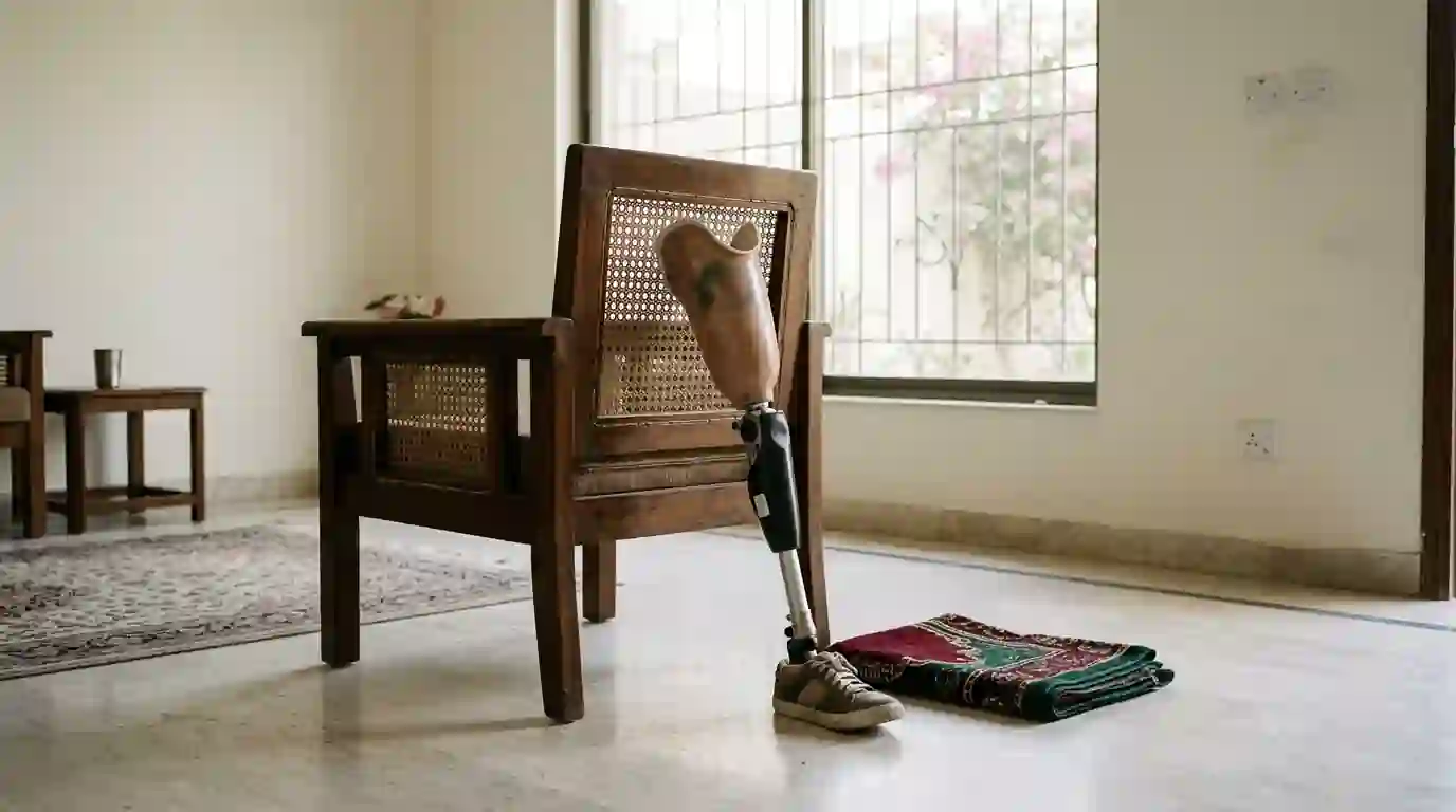 An above knee leg beside a chair and a prayer mat at home