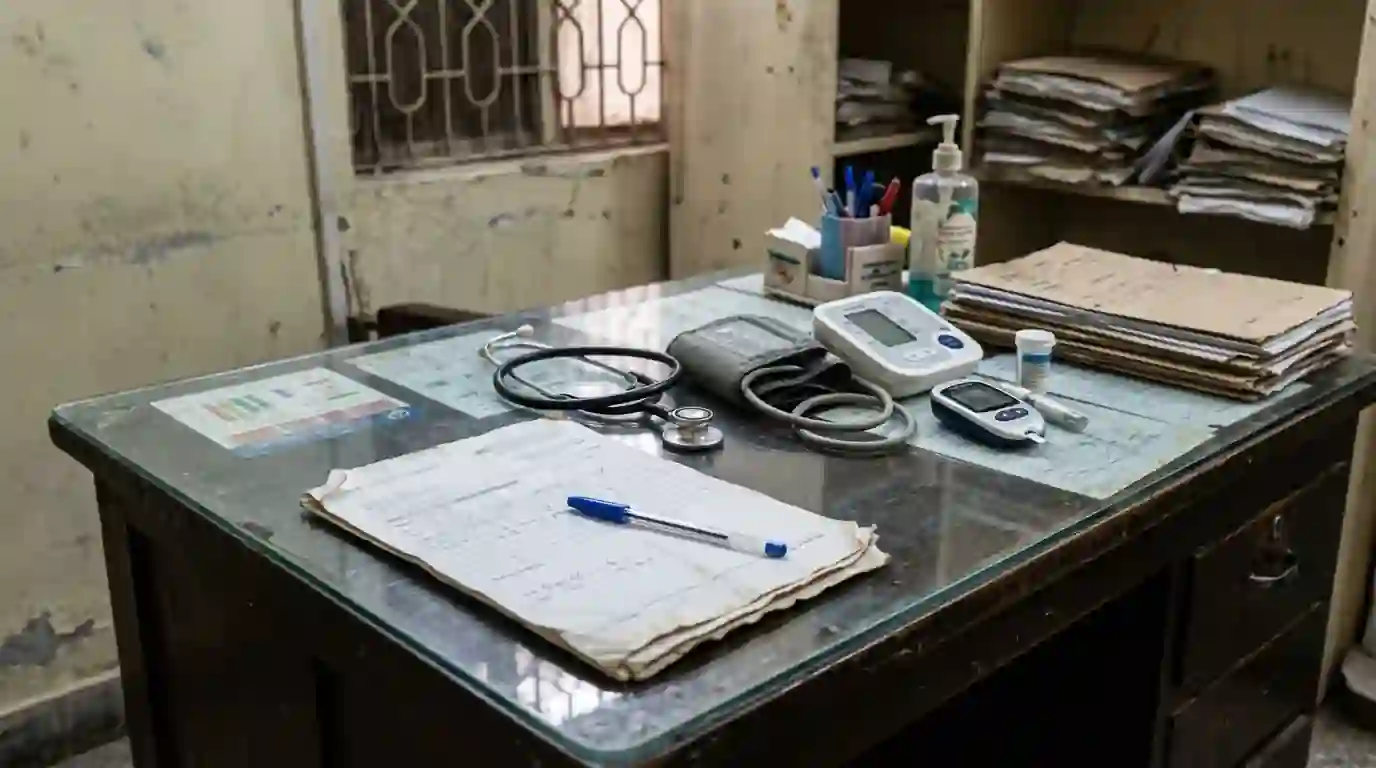 A blood pressure monitor, glucometer and discharge notes on a desk