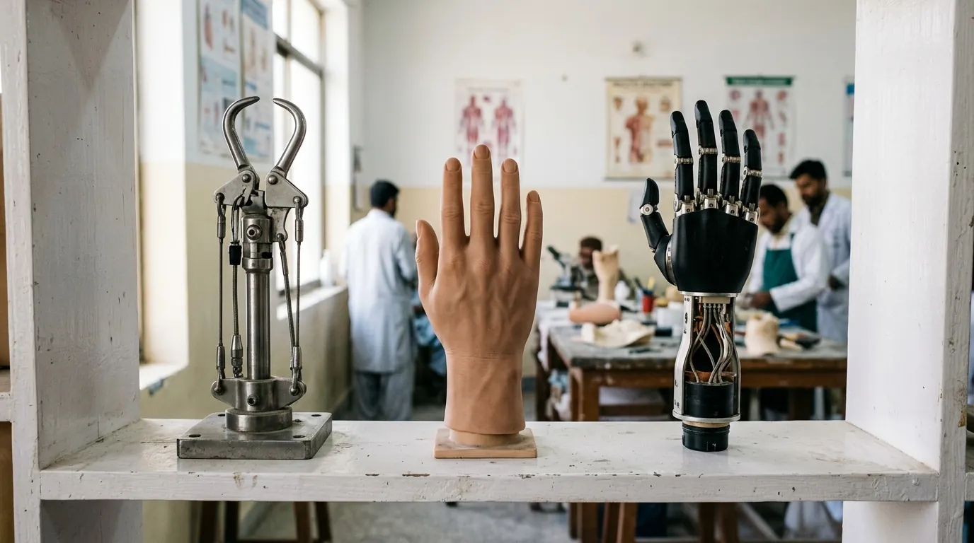 A myoelectric hand, a hook and a silicone hand on a shelf