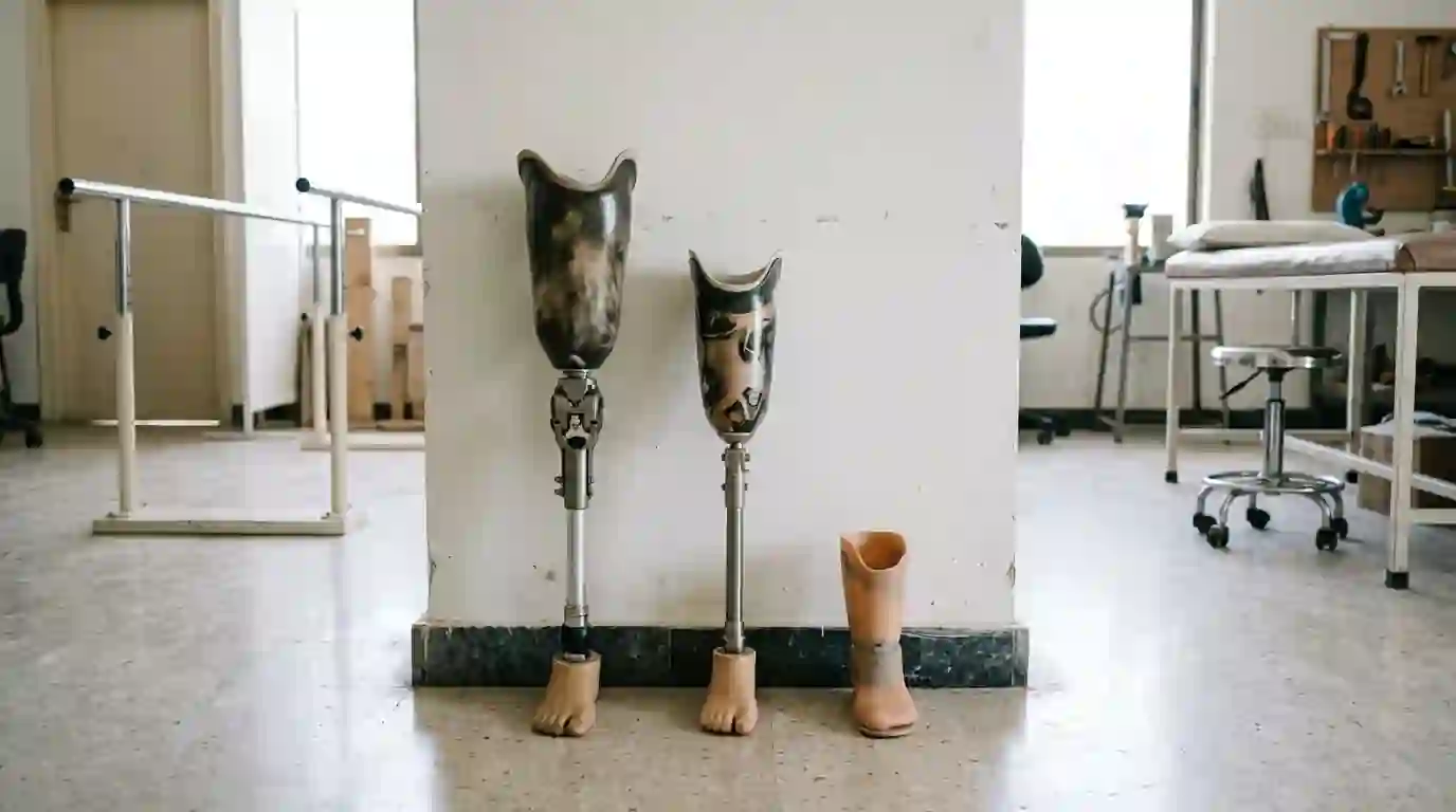 Three finished artificial legs standing against a clinic wall