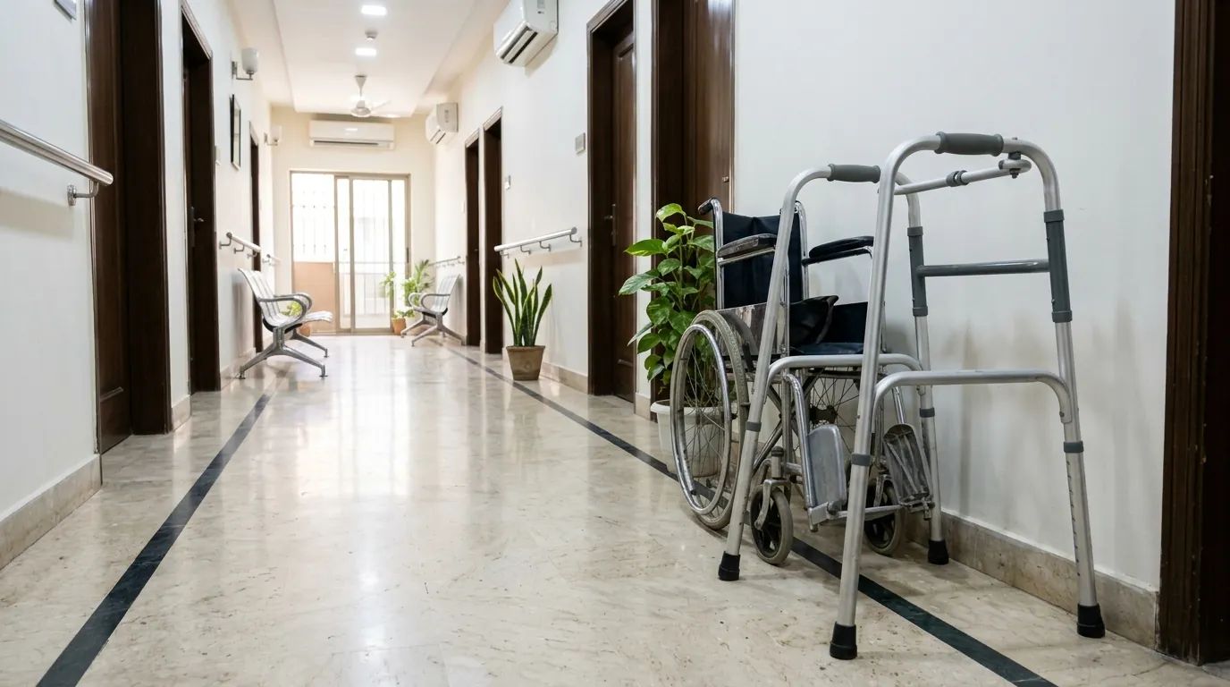 A walking frame and a wheelchair in a clinic corridor